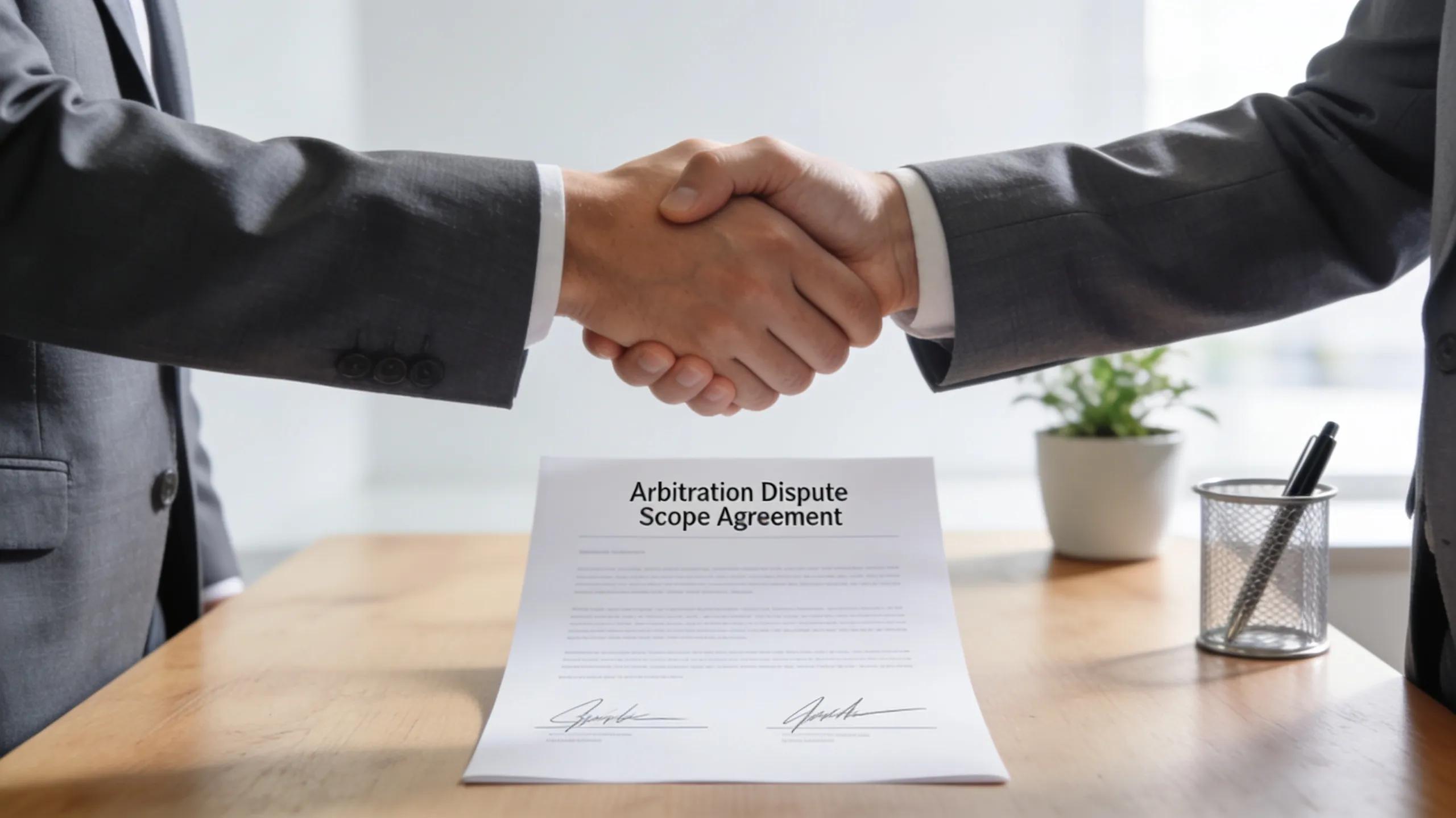 Business partners shaking hands over a contract discussing the scope of disputes for arbitration
