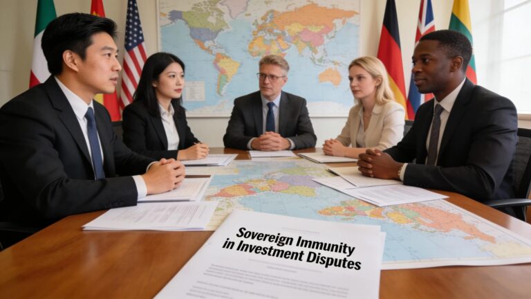 Business professionals discussing international investment and legal challenges related to sovereign immunity