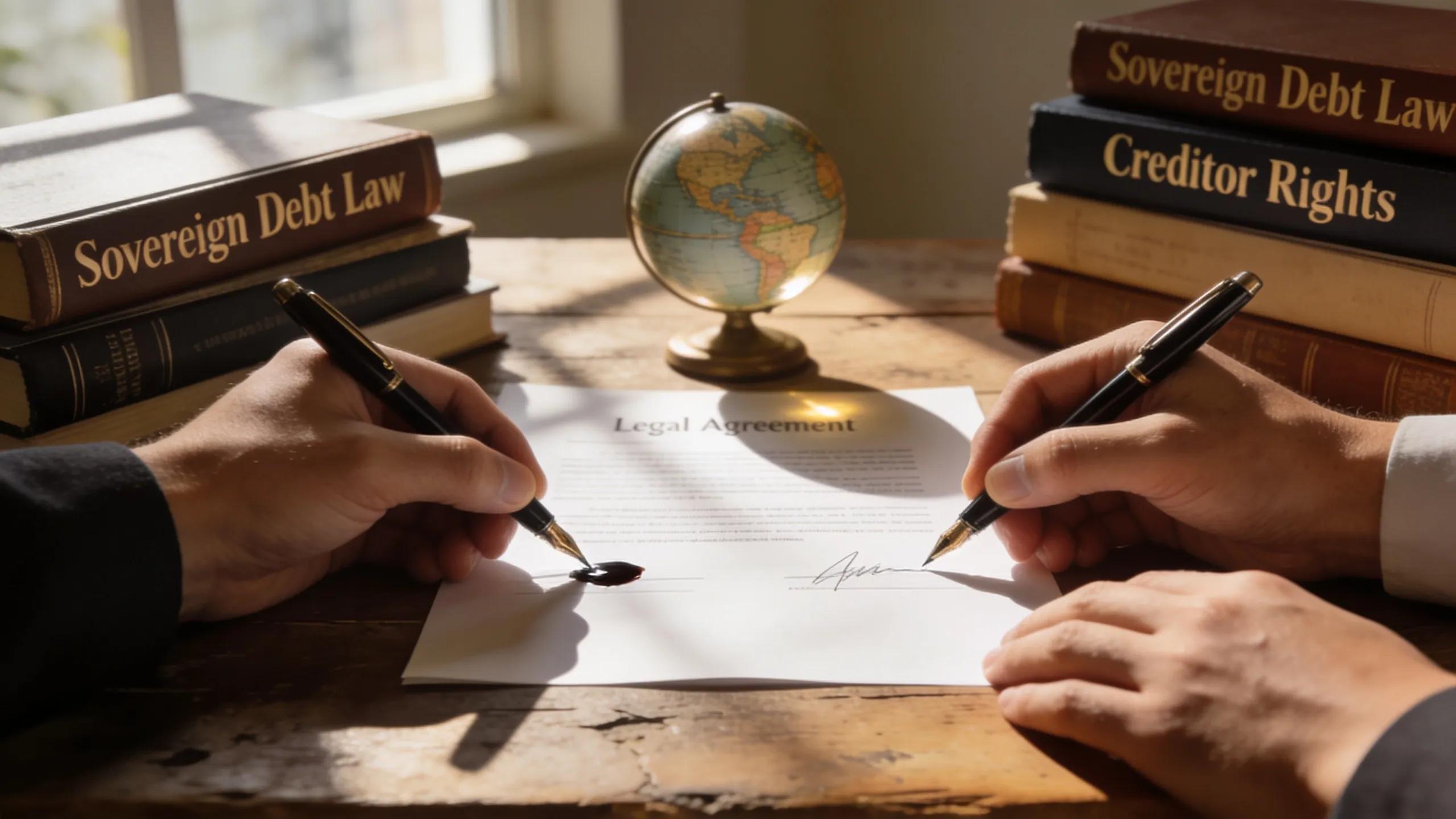 Close-up of a legal agreement being signed, symbolizing creditor rights and protections in sovereign debt restructuring