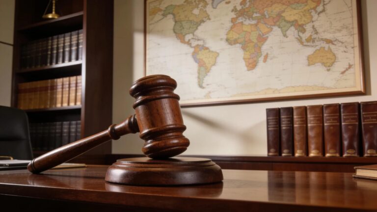 Gavel on desk with world map and legal books representing foreign arbitral awards and New York Convention.