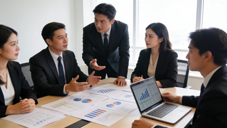 Legal team discussing sovereign debt restructuring and creditor rights, analyzing financial data on laptop.