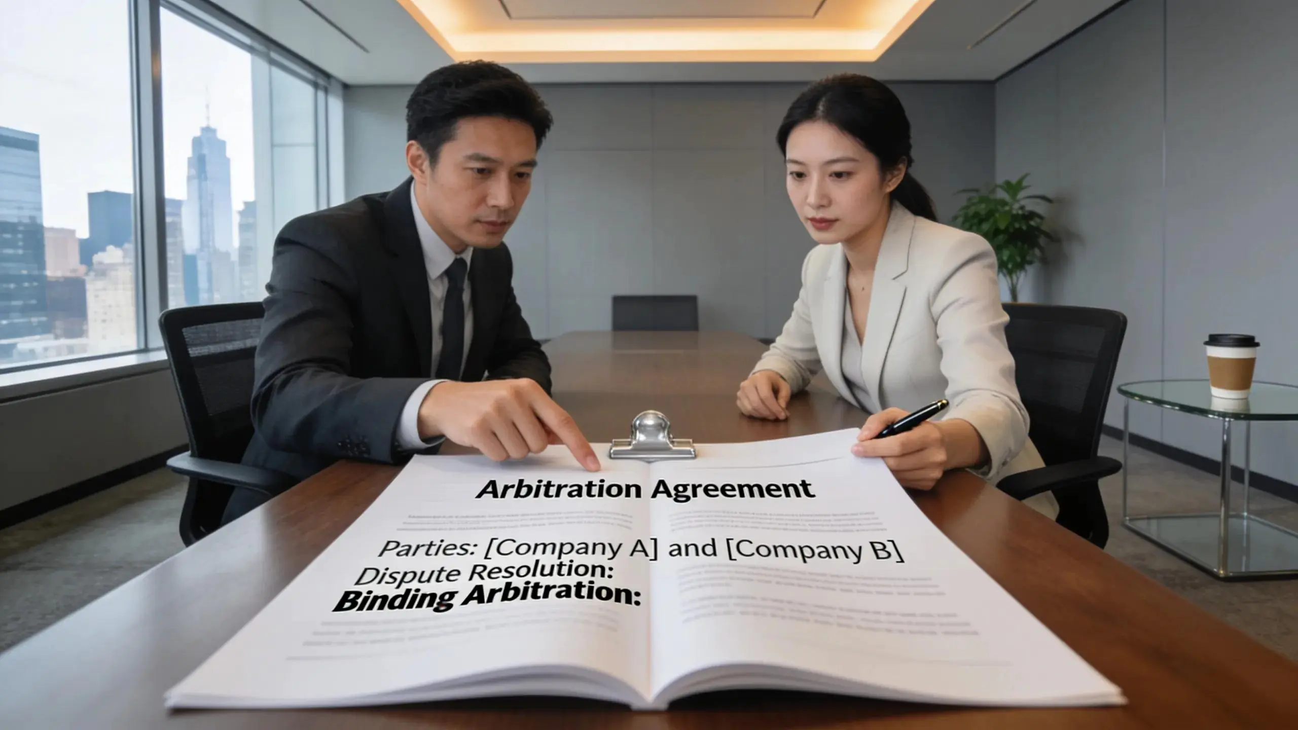 Business professionals analyzing a sample arbitration agreement in a modern office