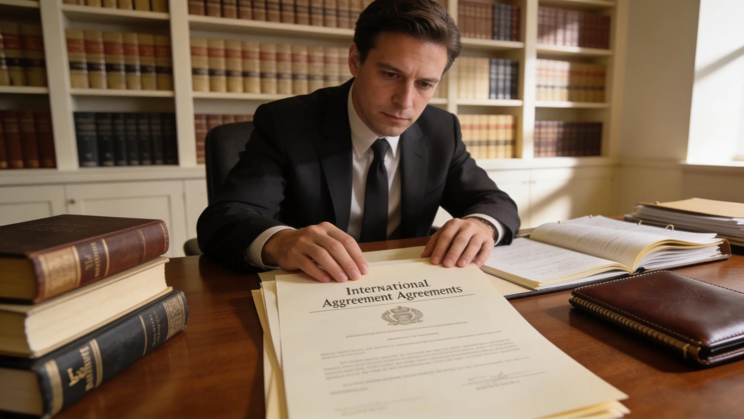 Lawyer reviewing international agreements and legal documents for ICSID arbitration process.