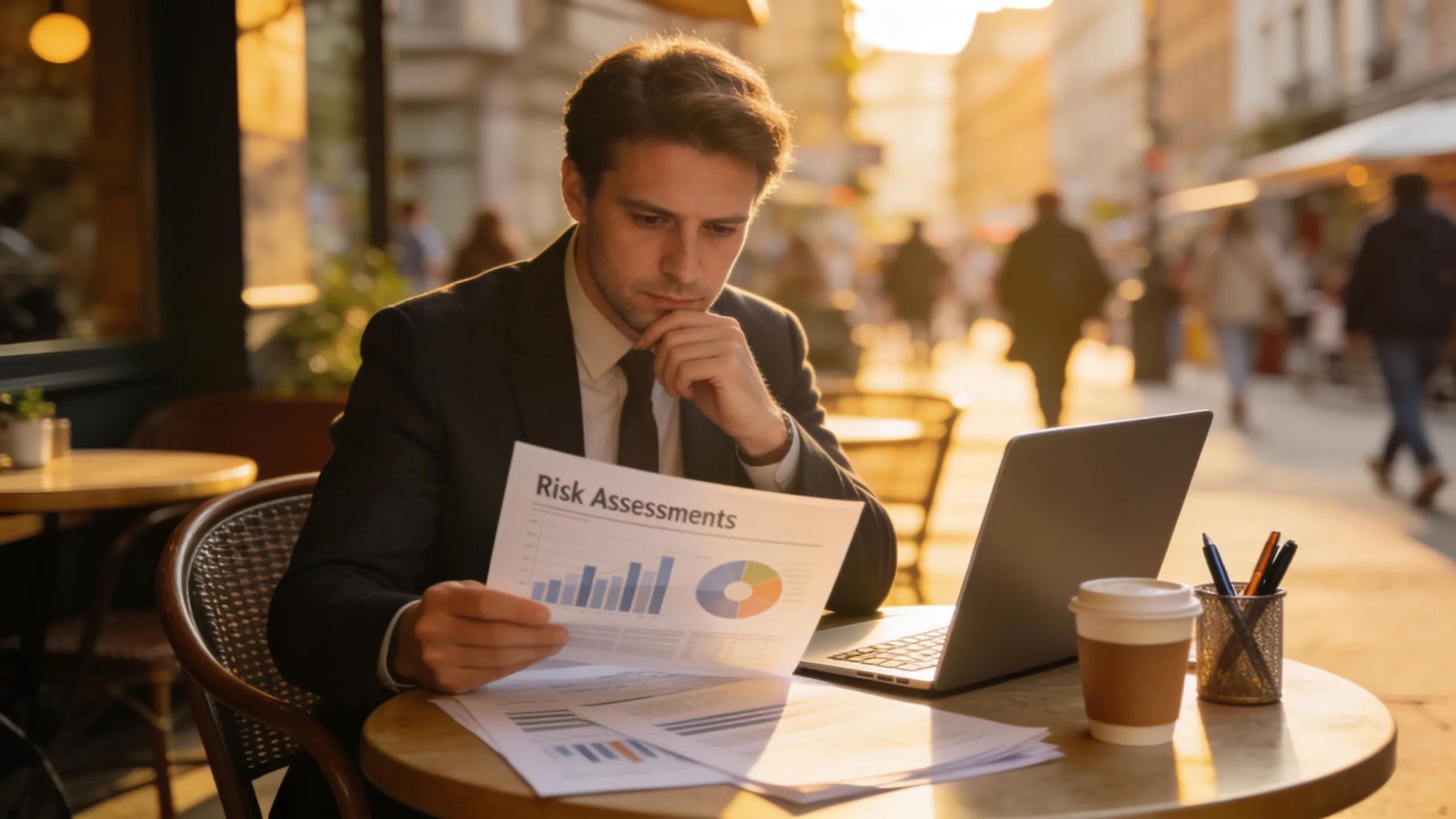 Investor reviewing risk assessment report at a caf&eacute;, symbolizing political risk management