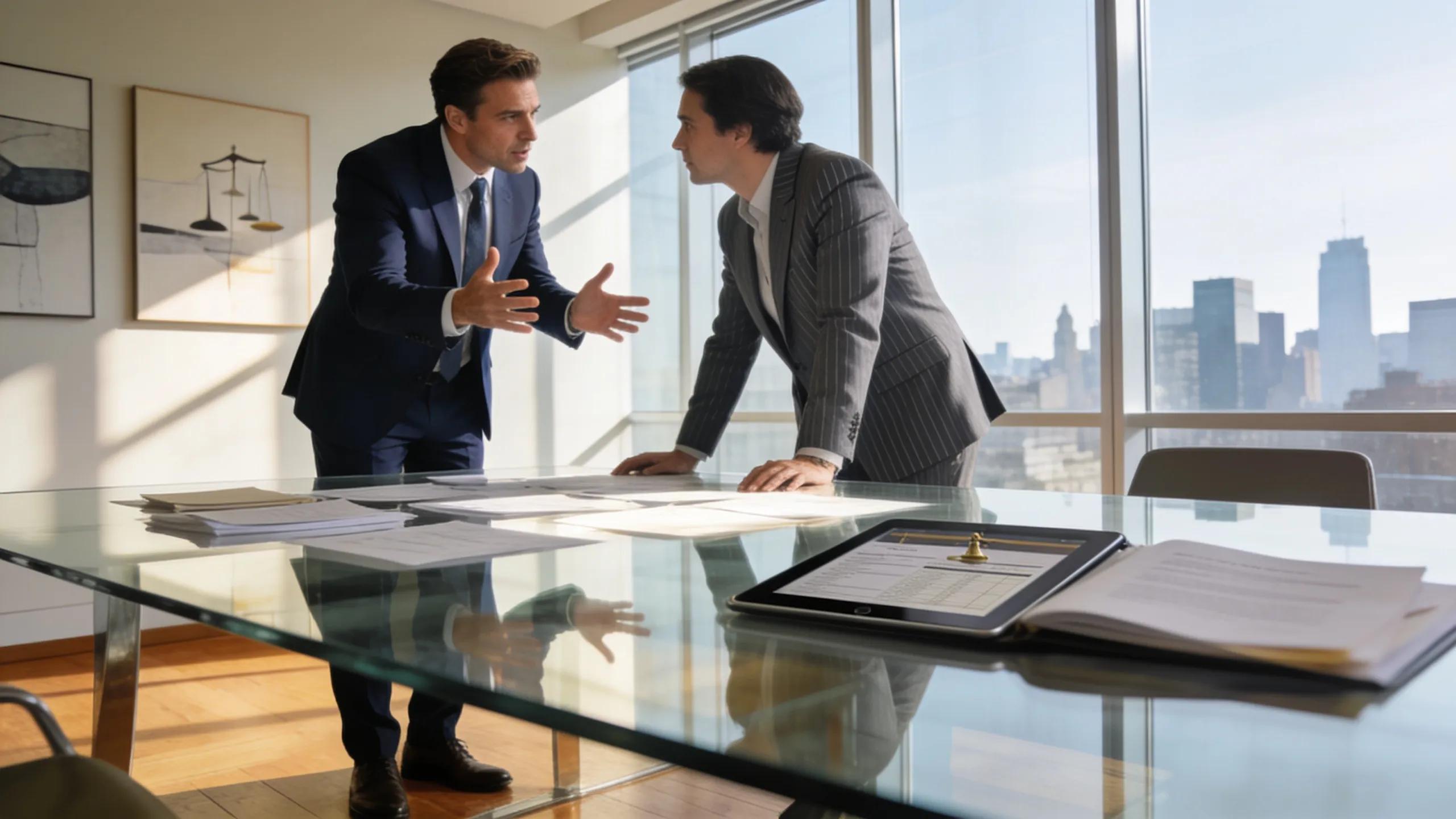Investor strategizing arbitration with legal counsel in a conference room