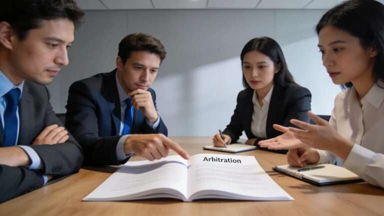 Professional negotiation over arbitration provisions, highlighting key legal discussions.