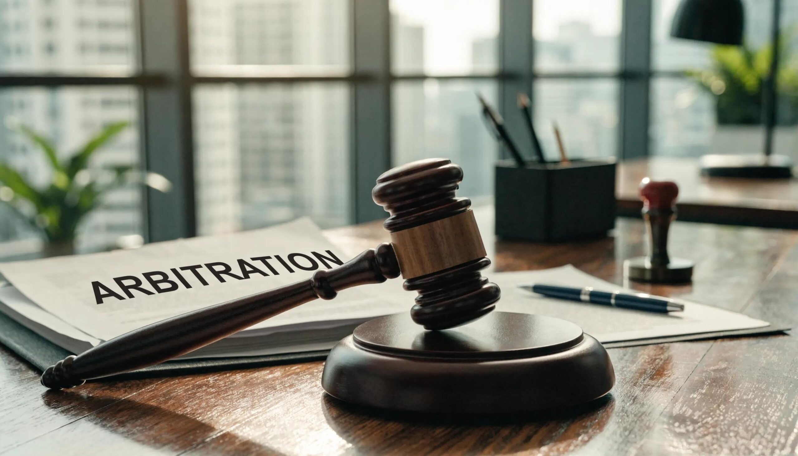 Gavel and legal documents symbolizing arbitration in a modern office environment
