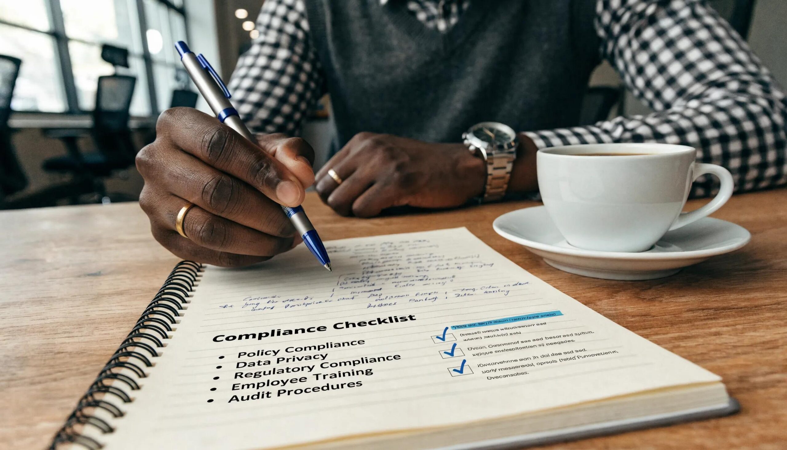 A business professional reviewing a compliance checklist with attention to detail in a warm, inviting workspace.