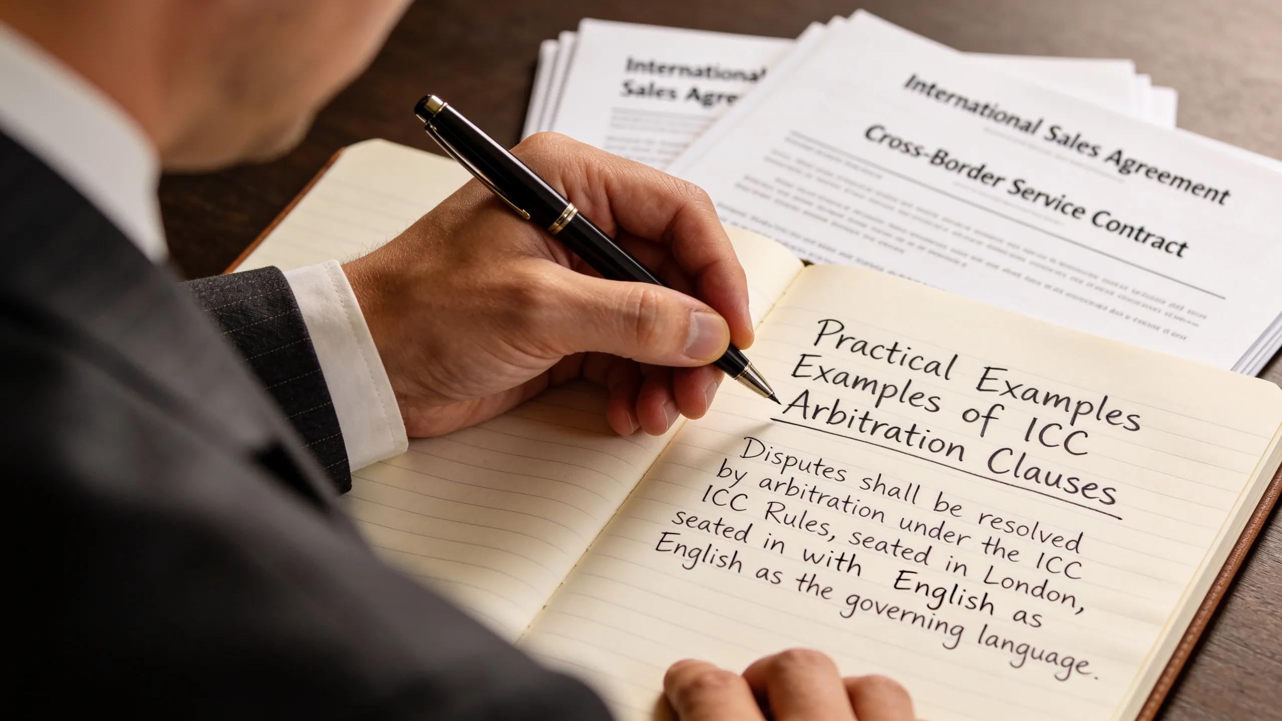 Legal professional drafting practical examples of ICC arbitration clauses