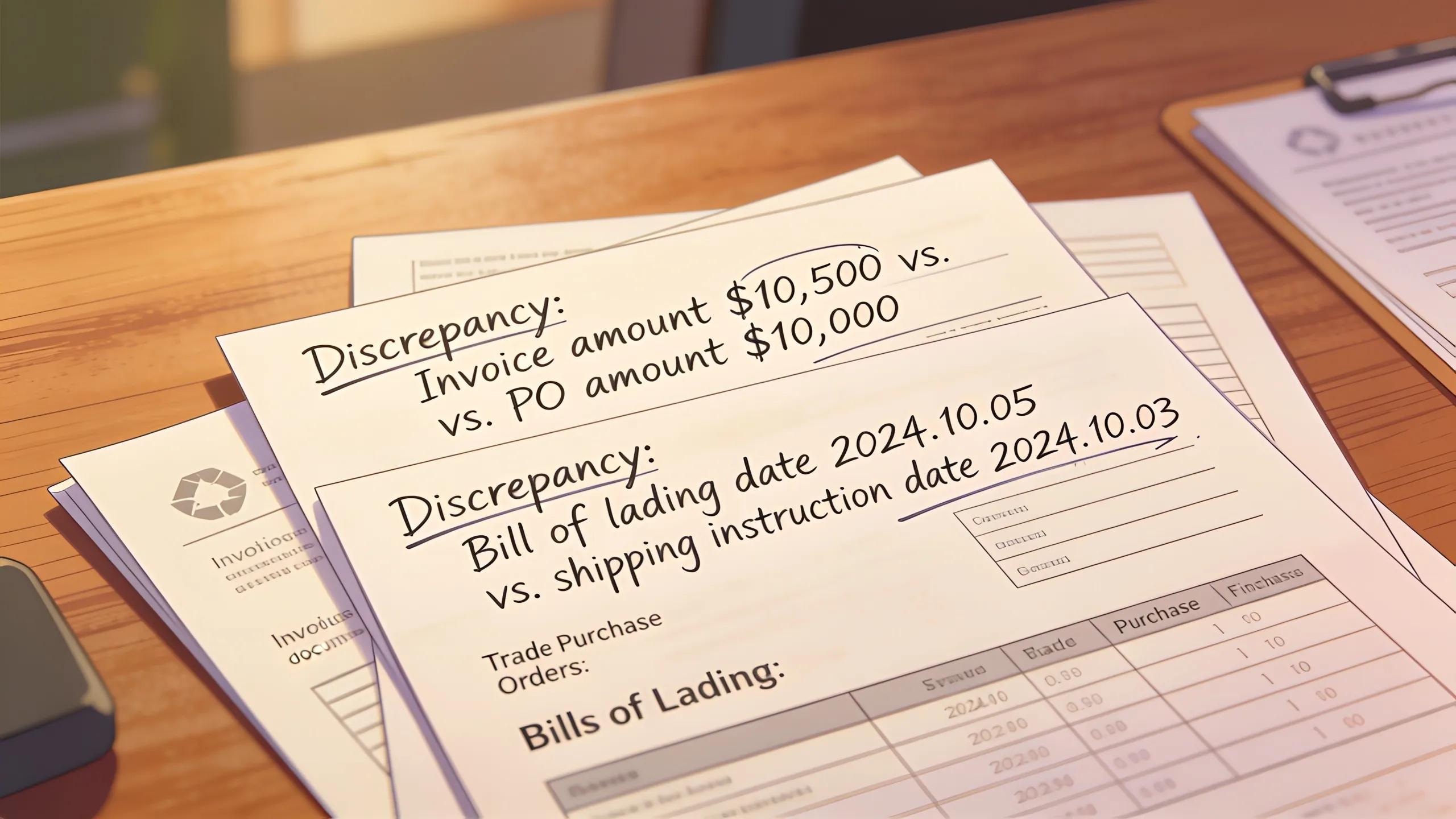 Trade documents under review for letter of credit discrepancies before presentation to the bank