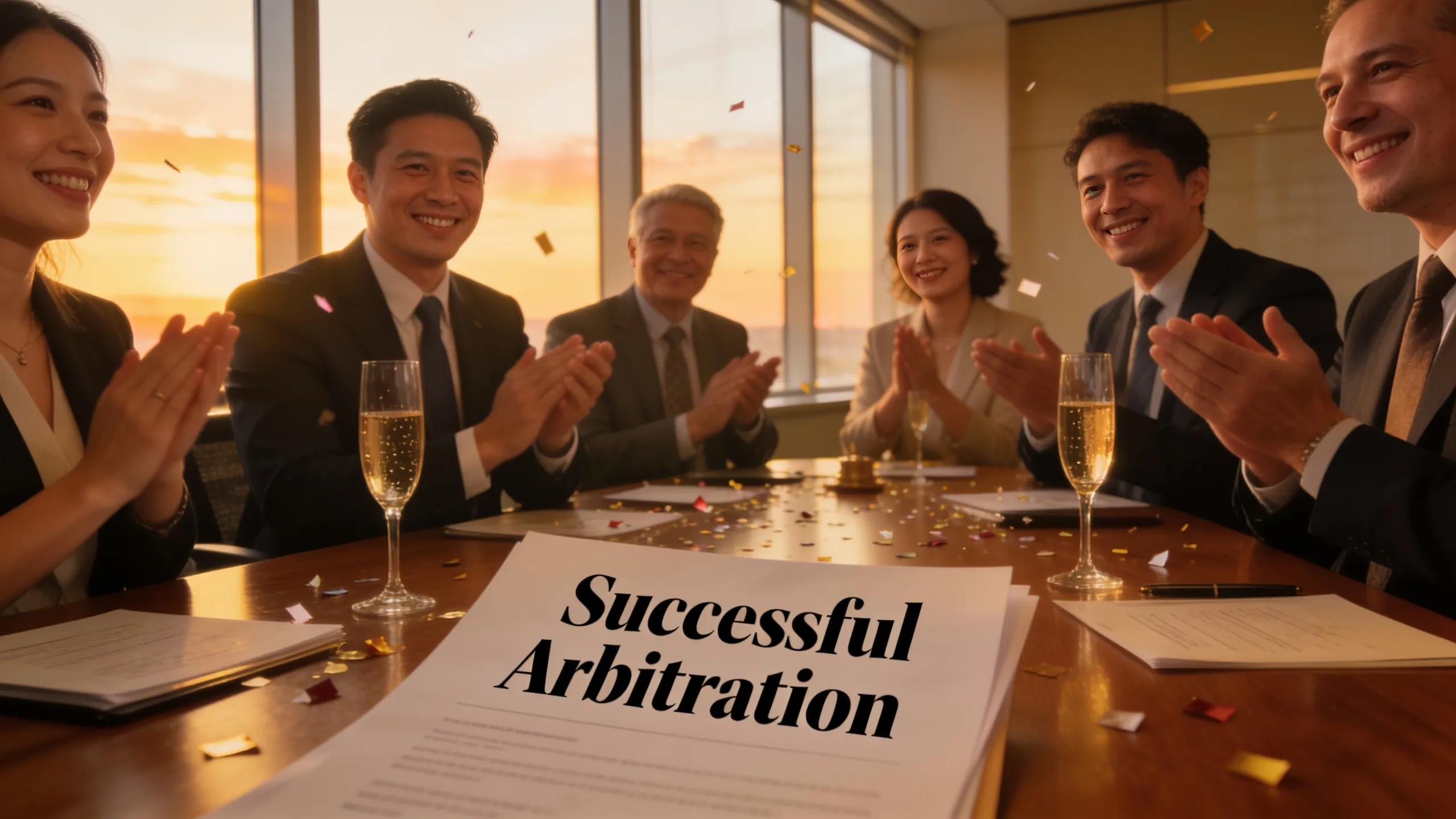 Investors celebrating a successful outcome from ICSID arbitration in a business setting
