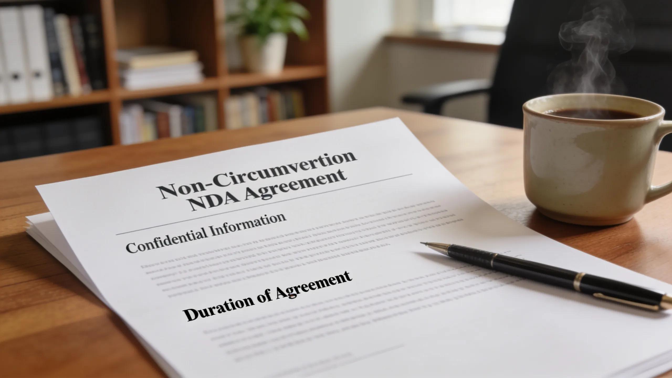 Close-up of a Non-Circumvention NDA on a desk highlighting key components like confidential information