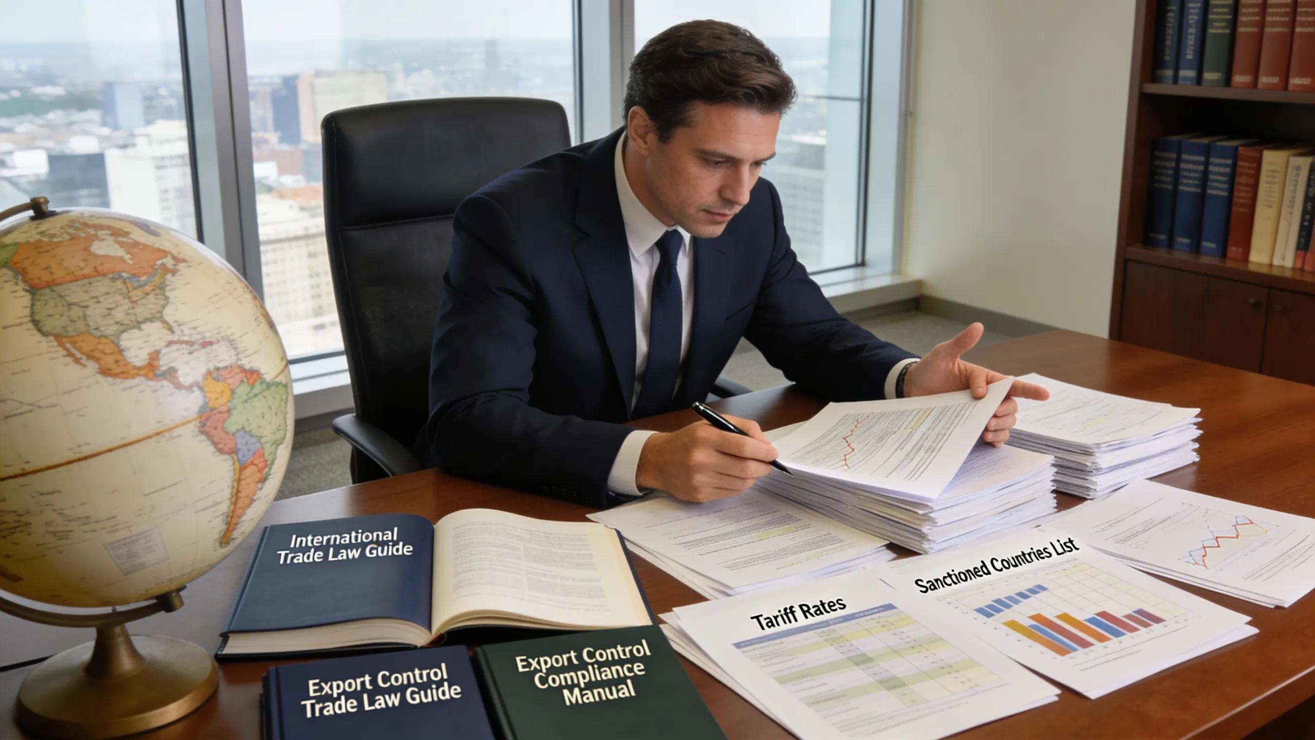 A global trade expert studying export control documents in a professional office environment.