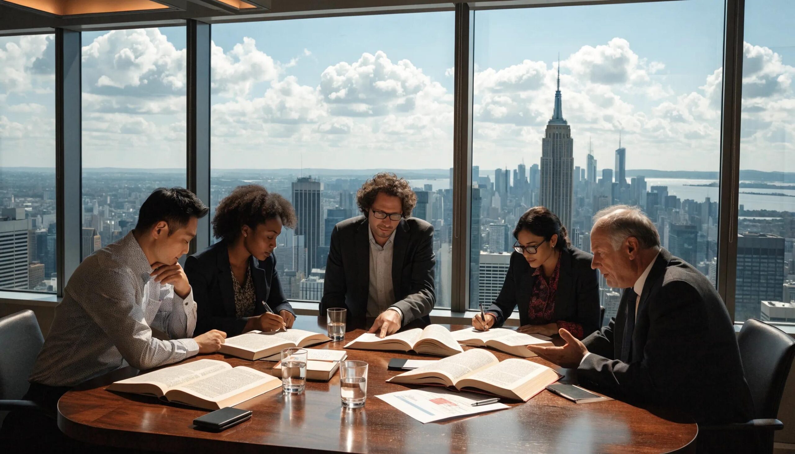 Business professionals in meeting discussing international arbitration clauses and commercial contracts with New York City skyline view.