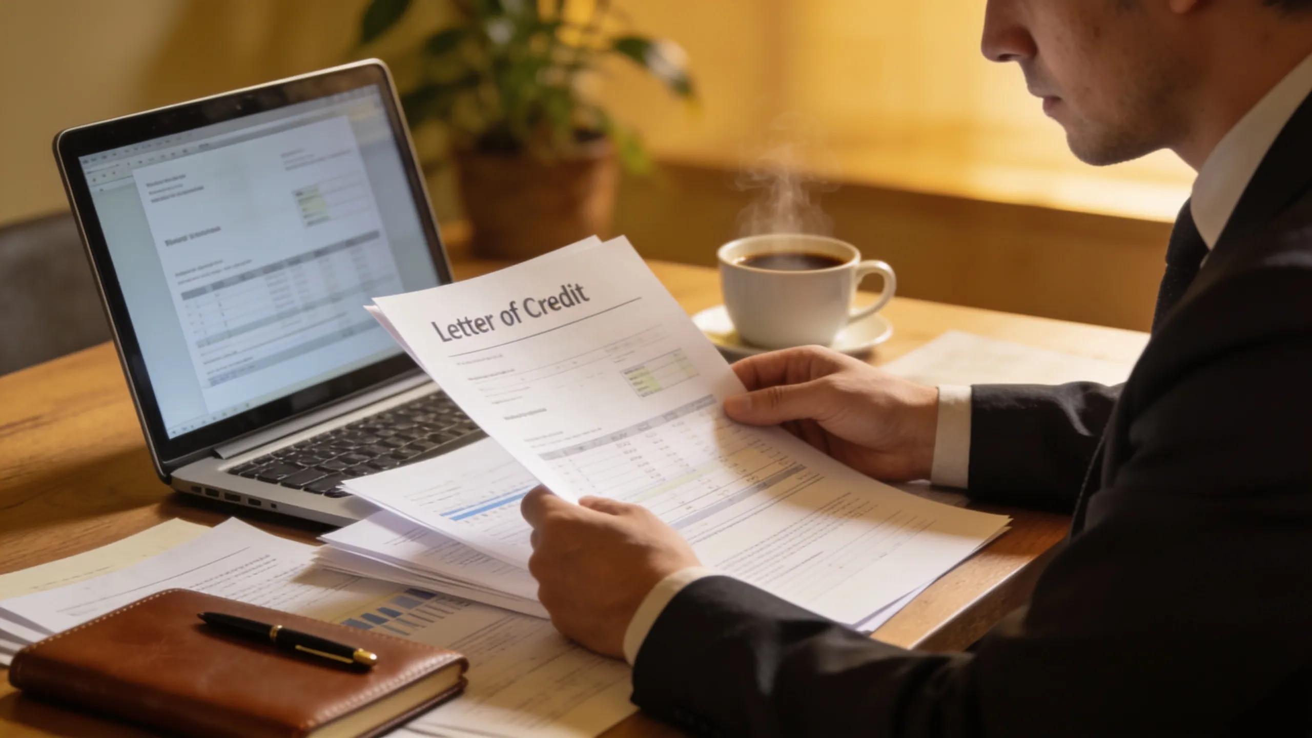 Desk scene of a trade finance expert reviewing letter of credit discrepancies documents
