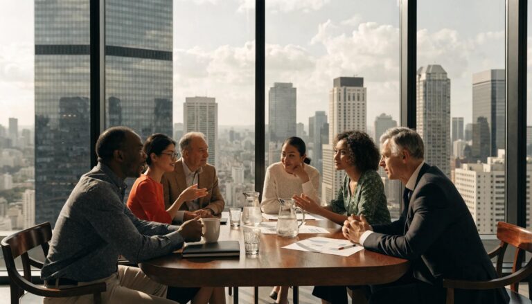 Business professionals discussing foreign direct investment strategies and political risk insurance in a modern office setting.