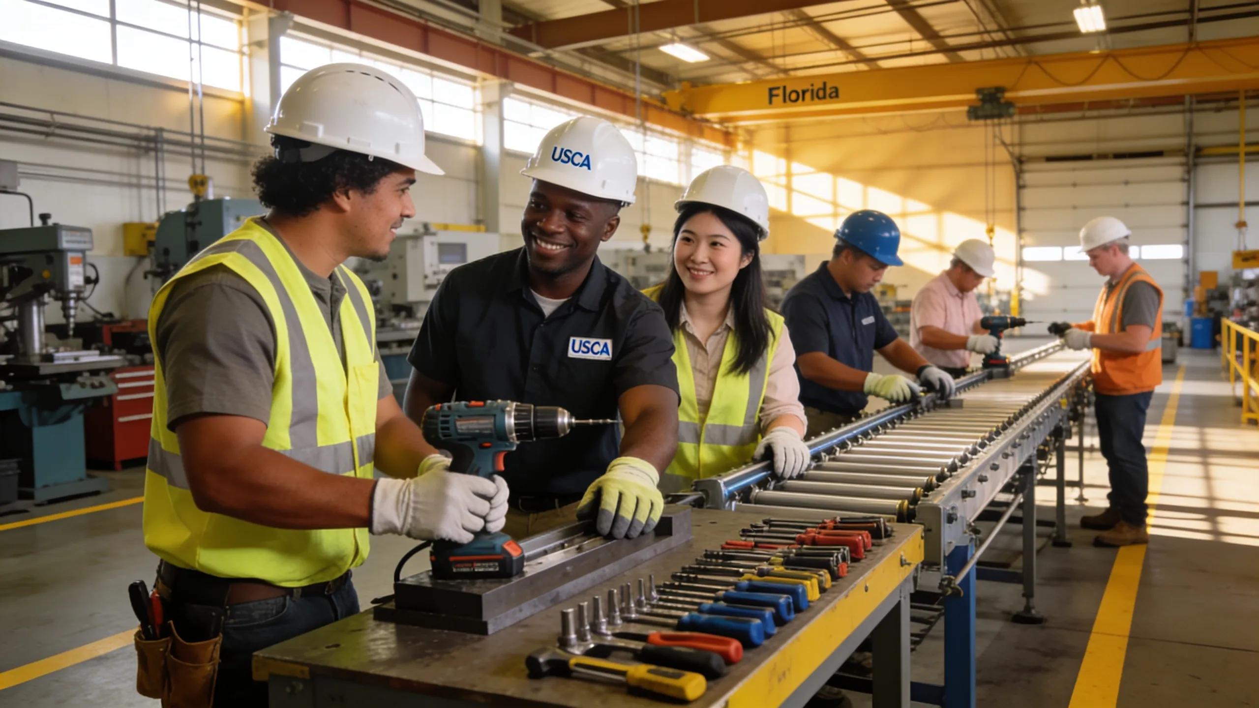 Florida factory workers collaborating under improved USMCA labor standards