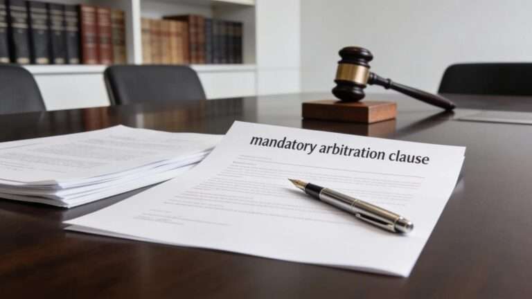 Mandatory arbitration clause highlighted in a legal contract on a conference table