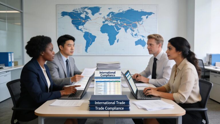 Business professionals discussing international trade compliance and export controls around a world map.