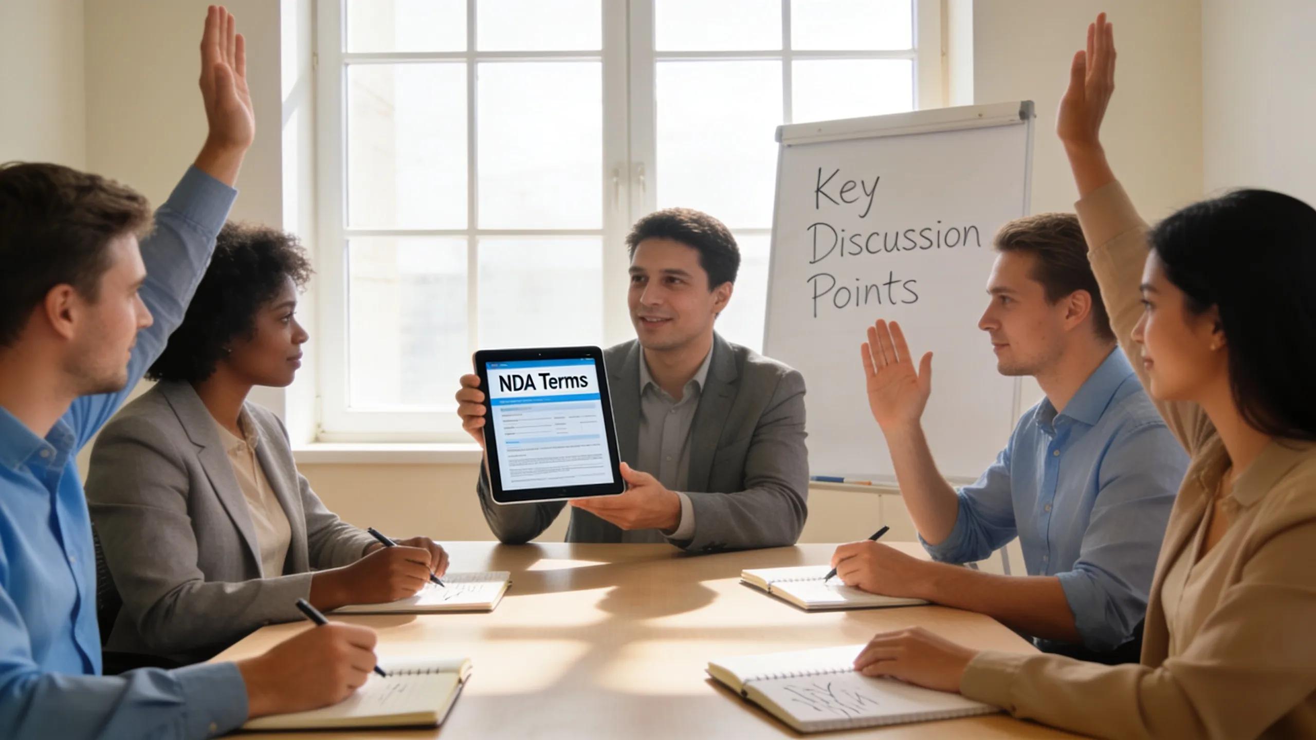 Professionals collaborating in a meeting to discuss best practices for Non-Circumvention NDAs