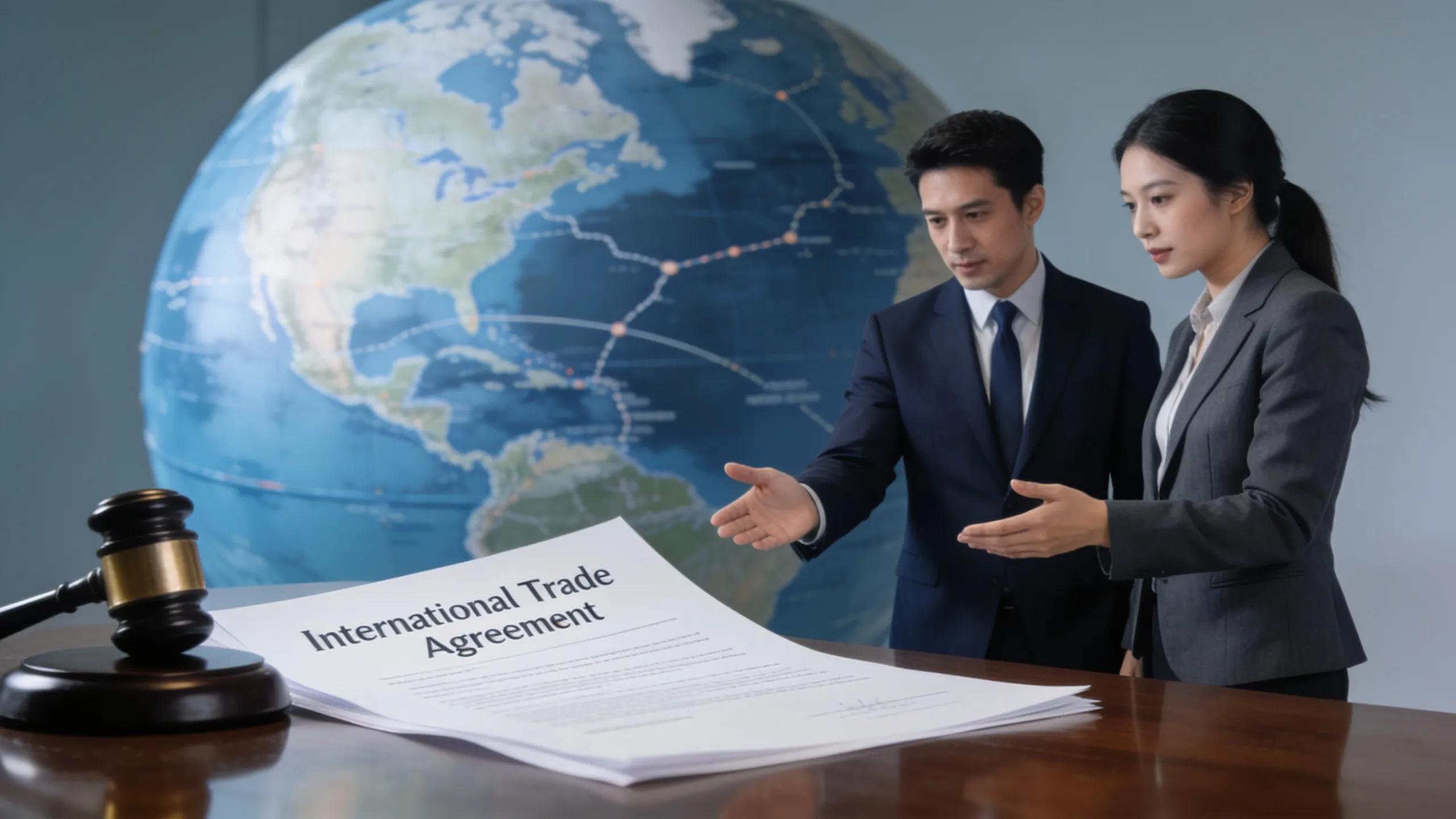 Professional legal imagery representing international contracts and trade