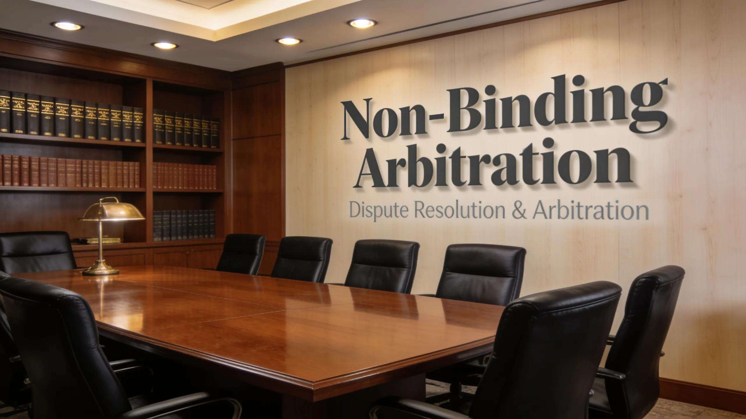 Professional legal conference room emphasizing non-binding arbitration discussions