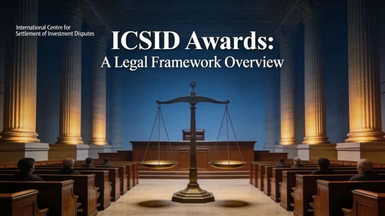 Courtroom setting with scales of justice symbolizing legal proceedings related to ICSID awards