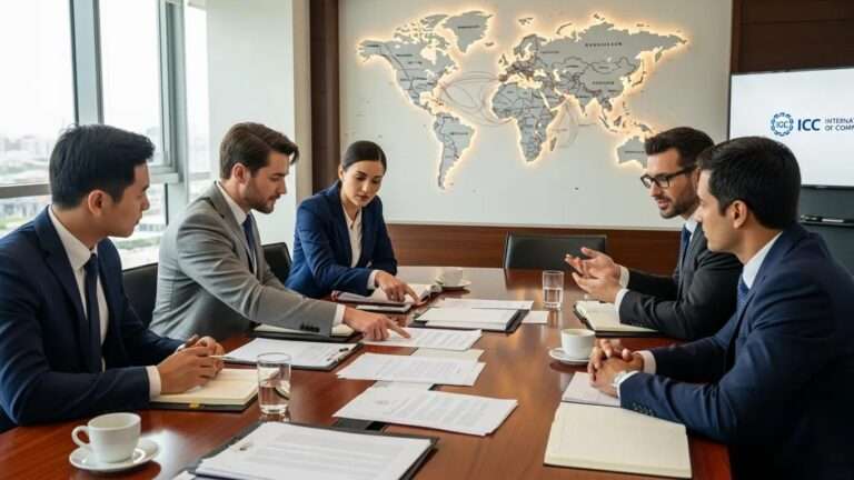 Corporate meeting discussing ICC arbitration procedures with diverse professionals