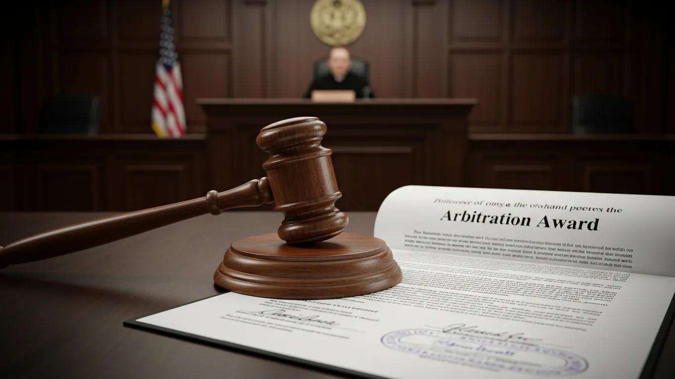Gavel on legal document representing arbitration award issuance