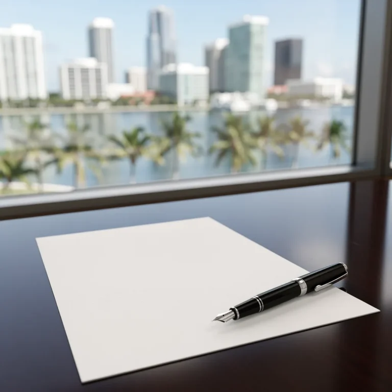 Settlement agreement document and fountain pen on a conference table with Miami skyline view